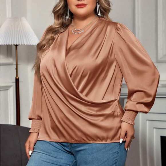 Luxe hot pink bishop sleeve surplice neck shirred cuff blouse - Picture 14 of 16